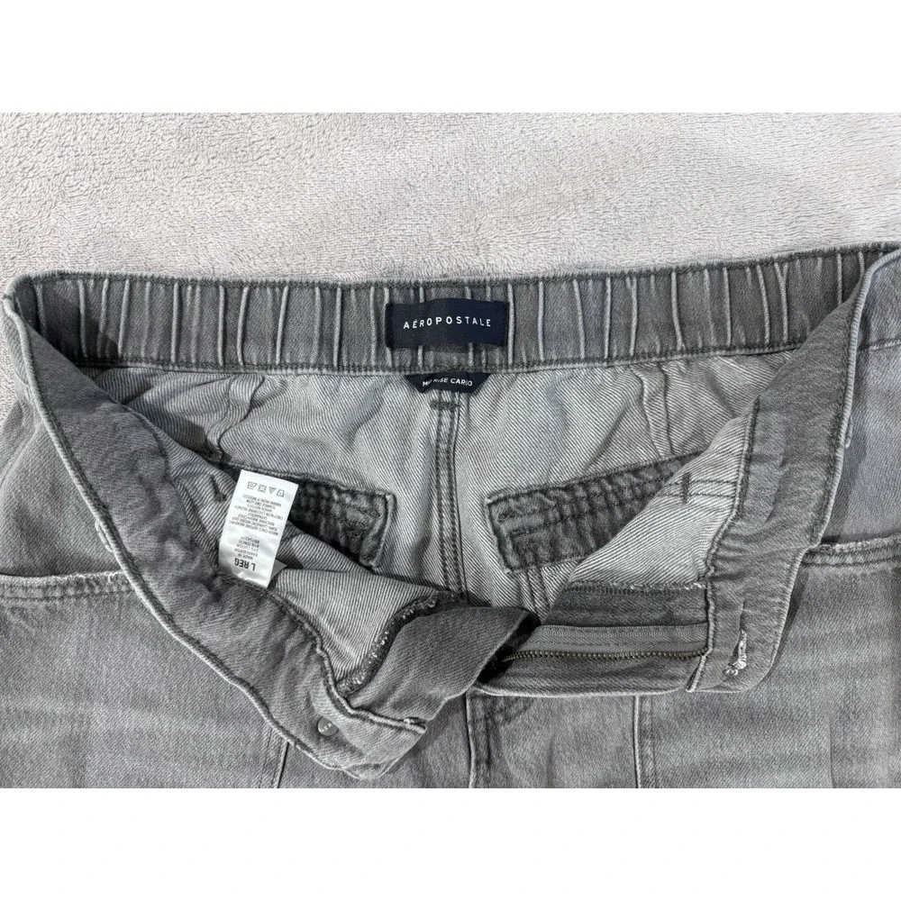 Aeropostale Gray Denim Cargo Jeans Wide Leg Baggy Multi-Pocket Elastic Waist - Picture 2 of 9